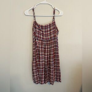 Lucky Brand Plaid red blue babydoll dress keyhole back with pockets size large
